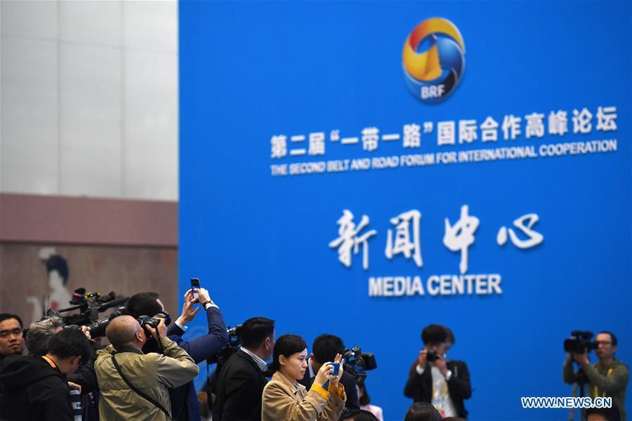 Media gather at the China National Convention Center to report the opening ceremony of the Second Belt and Road Forum for International Cooperation in Beijing, capital of China, April 26, 2019. (Xinhua/Ju Huanzong)
