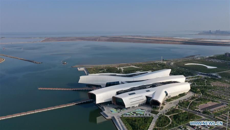 Aerial photo taken on April 25, 2019 shows the outside view of the national maritime museum in Binhai New Area, north China\'s Tianjin. China\'s first national maritime museum has scheduled trial operation for May 1, local authorities said Thursday. Four exhibition halls, which focus on the themes of \