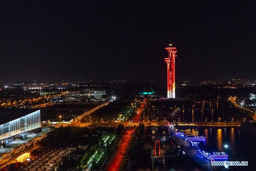 Photo taken on April 26, 2019 shows a view along the central north-south axis in Beijing, capital of China. Roads and buildings along the central axis were highlighted Friday evening for the Second Belt and Road Forum for International Cooperation in Beijing. (Xinhua/Cai Yang)