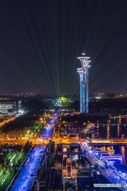Photo taken on April 26, 2019 shows a view along the central north-south axis in Beijing, capital of China. Roads and buildings along the central axis were highlighted Friday evening for the Second Belt and Road Forum for International Cooperation in Beijing. (Xinhua/Cai Yang)