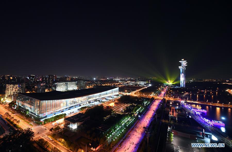 Photo taken on April 26, 2019 shows a view along the central north-south axis in Beijing, capital of China. Roads and buildings along the central axis were highlighted Friday evening for the Second Belt and Road Forum for International Cooperation in Beijing. (Xinhua/Cai Yang)