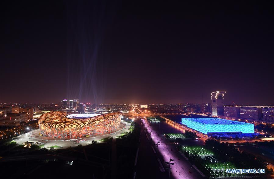 Photo taken on April 26, 2019 shows a view along the central north-south axis in Beijing, capital of China. Roads and buildings along the central axis were highlighted Friday evening for the Second Belt and Road Forum for International Cooperation in Beijing. (Xinhua/Cai Yang)