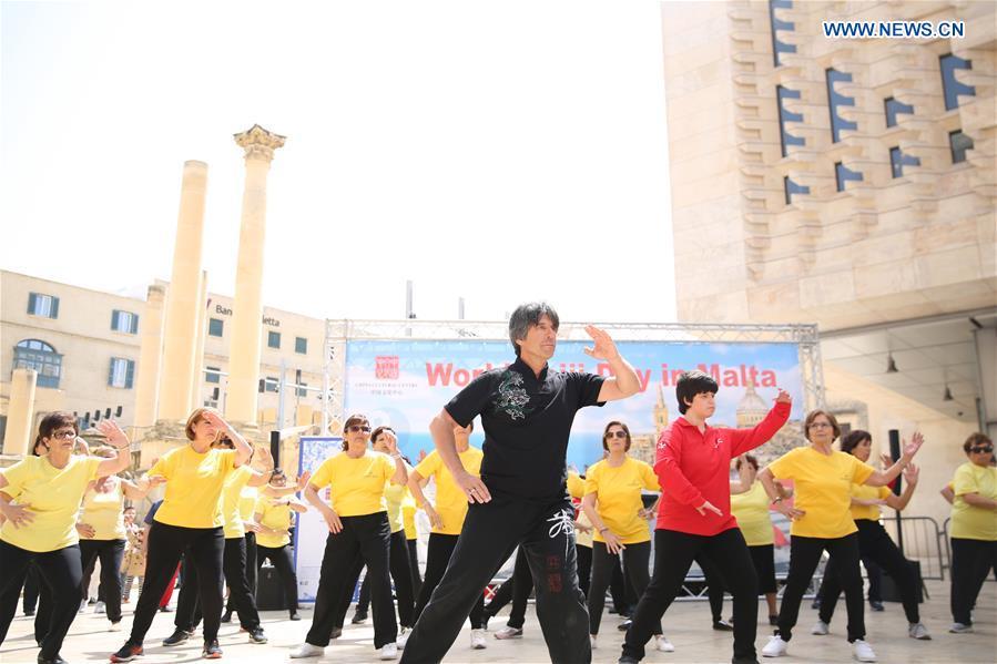 A group of Taiji enthusiasts practice Taiji in Valletta, capital of Malta on April 27, 2019. The World Taiji (Tai Chi) Day was celebrated on Saturday in Valletta, with a series of Chinese Taiji performances. (Xinhua/Yuan Yun)