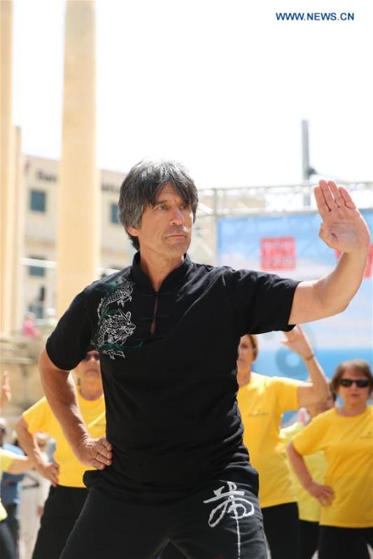 A Maltese man practices Taiji in Valletta, capital of Malta on April 27, 2019. The World Taiji (Tai Chi) Day was celebrated on Saturday in Valletta, with a series of Chinese Taiji performances. (Xinhua/Yuan Yun)
