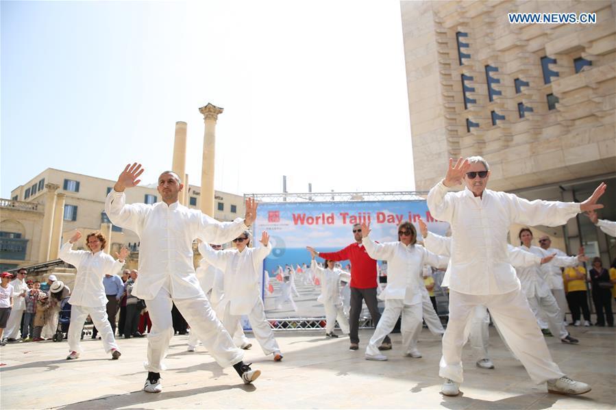 A group of Taiji enthusiasts practice Taiji in Valletta, capital of Malta on April 27, 2019. The World Taiji (Tai Chi) Day was celebrated on Saturday in Valletta, with a series of Chinese Taiji performances. (Xinhua/Yuan Yun)