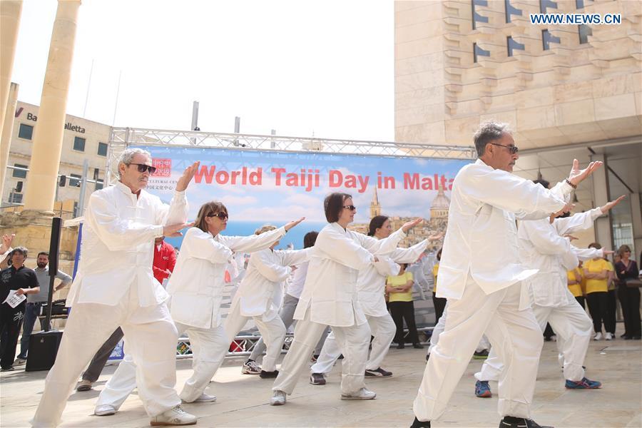 A group of Taiji enthusiasts practice Taiji in Valletta, capital of Malta on April 27, 2019. The World Taiji (Tai Chi) Day was celebrated on Saturday in Valletta, with a series of Chinese Taiji performances. (Xinhua/Yuan Yun)