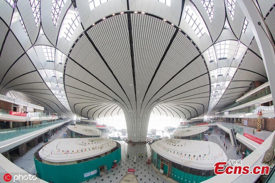 Photo taken on April 26, 2019 shows a view of the Beijing Daxing International Airport, which will begin operations before the end of September. The new airport sits at the junction of Beijing\'s southern Daxing District and Langfang, a city in Hebei Province. It is expected to handle 45 million passengers annually by 2021 and 72 million by 2025. (Photo/IC)