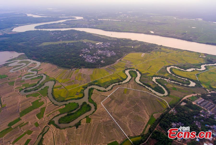 Aerial view shows the Sanshiliuquxi (36-bend stream) wetland in Yunlong Town, Haikou City, Hainan Province, April 28, 2019. Known for its rich flora and fauna as well as river bends, the wetland park will cover an area of 316.7 hectares, according to plans. (Photo: China News Service/Luo Yunfei)
