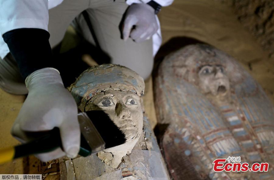 Two ancient sarcophagi are seen at the newly discovered burial site, the Tomb of Behnui-Ka and Nwi,  dating back to circa 2500 B.C. near the Great Pyramids in Giza, on the outskirts of Cairo, Egypt May 4, 2019.