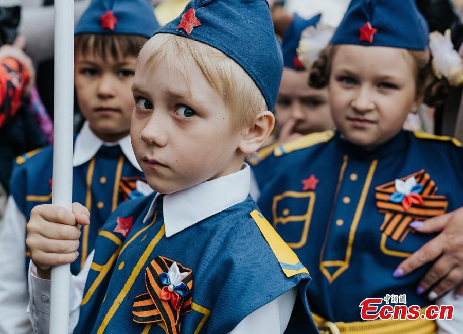 Children marched through the streets in military uniforms during a parade to celebrate the upcoming 74th Victory Day in Ivanovo, Russia, May 7, 2019. (Photo/VCG)