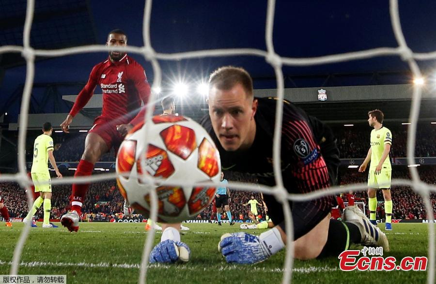 Liverpool\'s Georginio Wijnaldum celebrates scoring their second goal as Barcelona\'s Marc-Andre ter Stegen reacts in Liverpool, Britain, May 7, 2019. (Photo/Agencies)