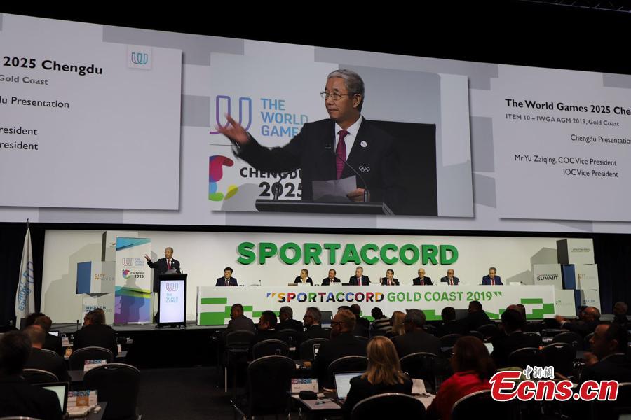 A representative from Chengdu speaks at the 2019 International World Games Association (IWGA) Congress in Gold Coast, Australia, May 9, 2019. The southwest Chinese city of Chengdu won the bid to host the 2025 World Games at the congress on Thursday. It is the first time that the Games come to the Chinese mainland. （Photo courtesy of Chengdu Sports Bureau）