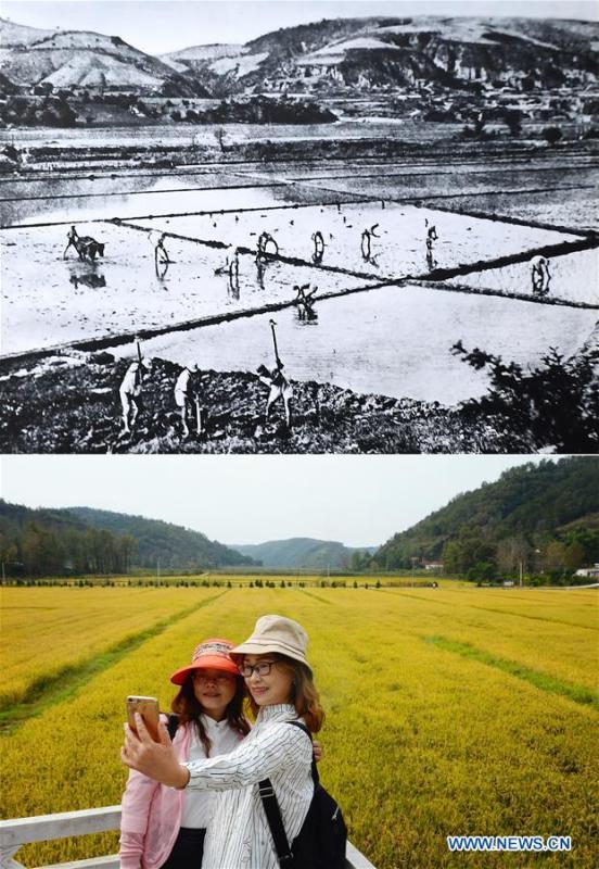 Combo photo shows a farming scene at Nanniwan during the War of Chinese People\'s Resistance Against Japanese Aggression in Yan\'an, northwest China\'s Shaanxi Province (top, file photo) and visitors taking photos at Nanniwan in Yan\'an on Sept. 12, 2018 (bottom, taken by Liu Xiao). Yan\'an, a former revolutionary base of the Communist Party of China (CPC), is no longer labeled \