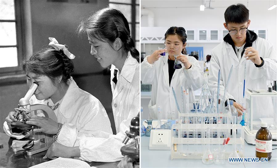 Combo photo shows young teacher Wang Shuzhen (R) guiding her student conduct an experiment at Yan\'an University in Yan\'an, northwest China\'s Shaanxi Province on July 19, 1961 (L, file photo) and students performing experiments at Yan\'an University in Yan\'an on May 6, 2019 (R, taken by Liu Xiao). Yan\'an, a former revolutionary base of the Communist Party of China (CPC), is no longer labeled \