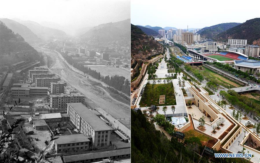 Combo photo shows a view along the Nanhe River in Yan\'an, northwest China\'s Shaanxi Province on Dec. 26, 1983 (L, file photo) and on May 5, 2019 (R, taken by Liu Xiao) respectively. Yan\'an, a former revolutionary base of the Communist Party of China (CPC), is no longer labeled \