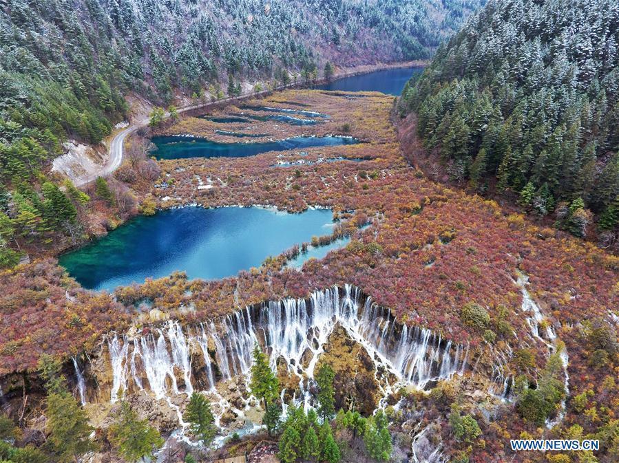 Aerial photo taken on Nov. 6, 2018 shows the scenery of one scenic area in Jiuzhai Valley in southwest China\'s Sichuan Province. China will hold the Conference on Dialogue of Asian Civilizations starting from May 15. Under the theme of \