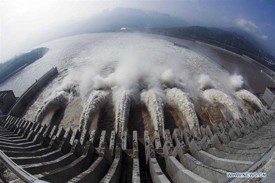 Photo taken on July 12, 2018 shows water discharging from the Three Gorges Dam, a gigantic hydropower project on the Yangtze River in China. China will hold the Conference on Dialogue of Asian Civilizations starting from May 15. Under the theme of \