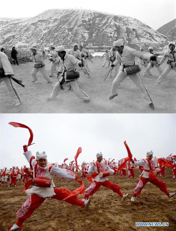Combo photo shows villagers practicing waist drum dance at Dishuigou Village in Ansai District of Yan\'an, northwest China\'s Shaanxi Province on Feb. 5, 1989 (top, file photo) and waist drummer performing in Nangou of Ansai District in Yan\'an on Oct. 20, 2018 (bottom, taken by Liu Xiao). Yan\'an, a former revolutionary base of the Communist Party of China (CPC), is no longer labeled \