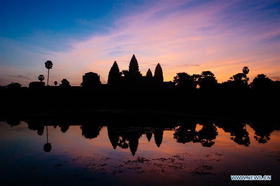 Photo taken on Oct. 20, 2016 shows the silhouette of Angkor Wat temple in Siem Reap Province, Cambodia. China will hold the Conference on Dialogue of Asian Civilizations starting from May 15. Under the theme of \