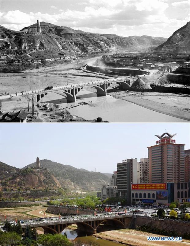 Combo photo shows a view of Yan\'an, northwest China\'s Shaanxi Province in the 1960s (top, file photo) and on April 25, 2019 (bottom, taken by Liu Xiao) respectively. Yan\'an, a former revolutionary base of the Communist Party of China (CPC), is no longer labeled \