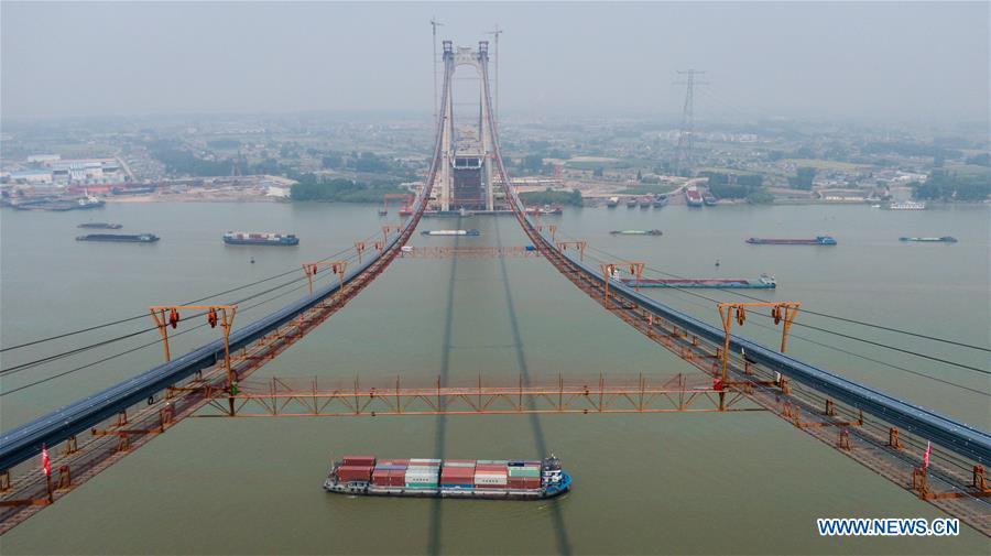 Aerial photo shows the construction site of the Wufengshan Yangtze River Bridge in Zhenjiang, east China\'s Jiangsu Province, May 10, 2019. Some 704 main cable strands for the bridge, a part of the Lianyungang-Zhenjiang railway, were successfully erected Friday in Jiangsu, marking the erection of China\'s first road-rail suspension bridge\'s main cable was finished. The bridge is scheduled to be completed within 2019 and open to traffic by 2020. (Xinhua/Li Xiang)