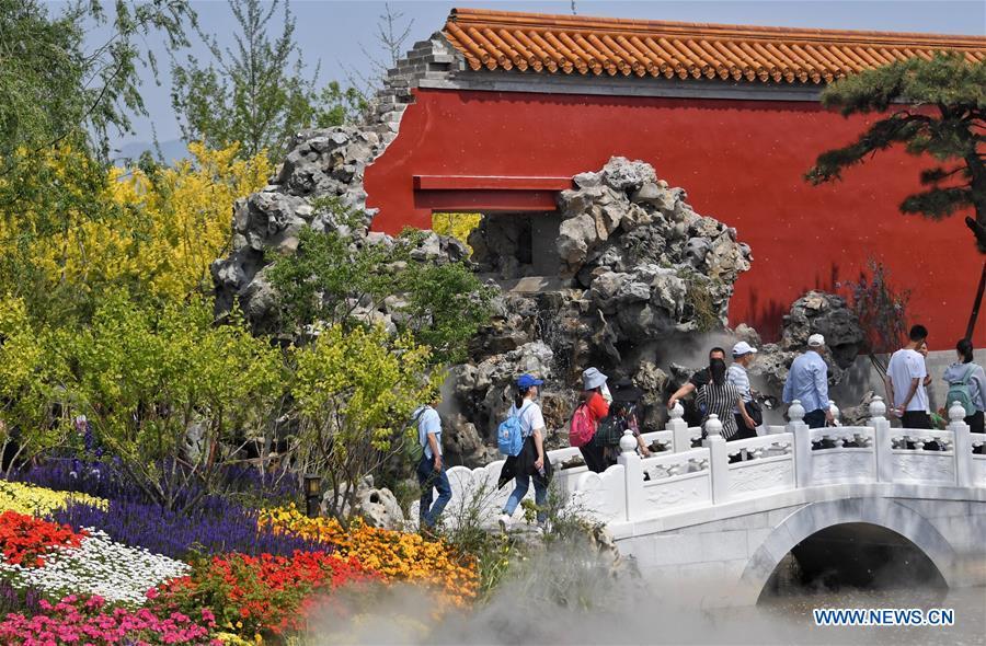 Tourists visit the Beijing Garden at the Beijing International Horticultural Exhibition in Yanqing District of Beijing, capital of China, May 10, 2019. The Beijing International Horticultural Exhibition has welcomed a large number of tourists from home and abroad since the opening. As of May 9, it has seen more than 500,000 visitors, according to the Beijing International Horticultural Exhibition Coordination Bureau. (Xinhua/Li Xin)