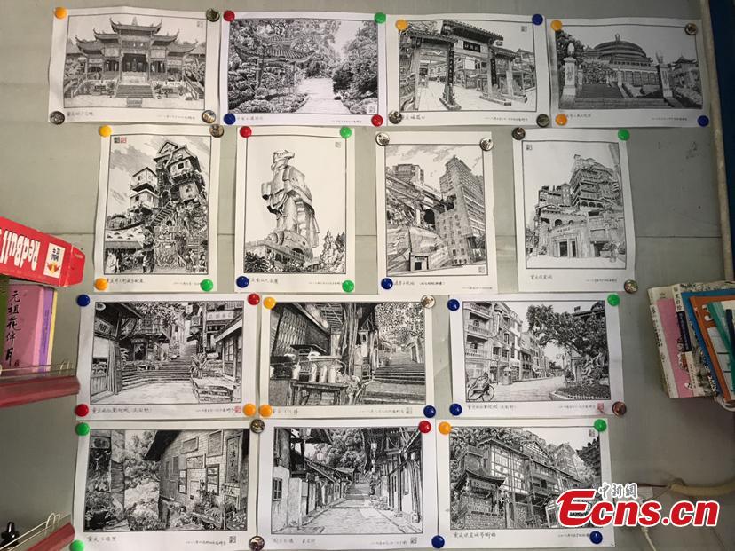 Bai Wei, 52, shows his pen drawings while working as a guard in a driving school in Southwest China\'s Chongqing Municipality. Bai has created over 20 pen drawings about Chongqing\'s famous tourist attractions during his spare time. Bai said he wants to record Chongqing\'s rapid progress with the pen drawings. (Photo: China News Service/Xiao Jiangchuan)