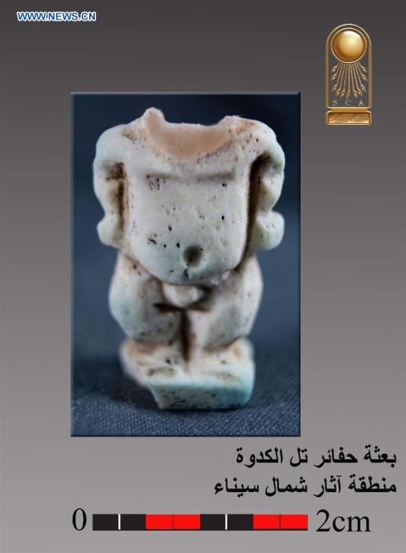 The undated photo provided by the Egyptian Ministry of Antiquities on May 13, 2019 shows an antiquity discovered in a military castle in North Sinai, Egypt. An Egyptian archeological mission has discovered remnants of a military castle that dates back to Psamtik era from 664-610 BC in North Sinai province, the country\'s Ministry of Antiquities said in a statement on Monday. (Xinhua)