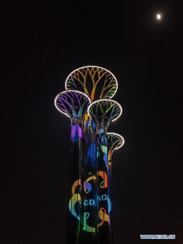 Photo taken on May 14, 2019 shows the night view of the Olympic Tower in Beijing, capital of China. Roads and buildings were illuminated Tuesday evening before the upcoming Conference on Dialogue of Asian Civilizations (CDAC) in Beijing. (Xinhua/Shen Bohan)