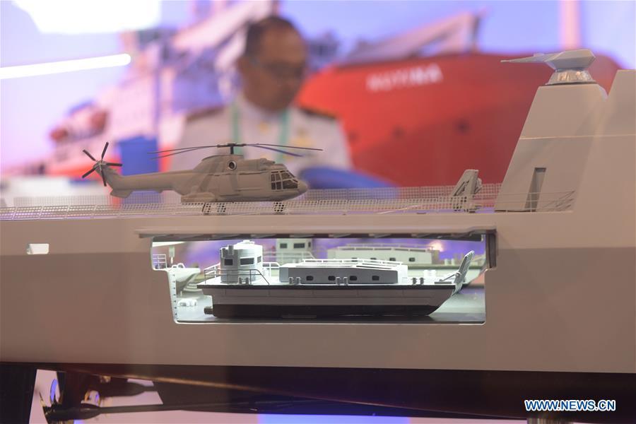 Exhibits are displayed at the 12th International Maritime Defense Exhibition and Conference (IMDEX Asia) in Singapore\'s Changi Exhibition Centre May 14, 2019. Singapore Defense Minister Ng Eng Hen welcomed here Tuesday foreign navies attending the 12th International Maritime Defense Exhibition and Conference (IMDEX Asia) at its opening ceremony. A total of 23 warships from 15 countries sailed their way to IMDEX Asia at the Changi Naval Base, together with 26 chiefs of defense forces and navies, vice chiefs, directors-general of coast guards and senior naval officers. (Xinhua/Then Chih Wey)