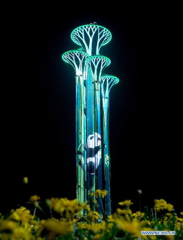 Photo taken on May 14, 2019 shows the night view of the Olympic Tower in Beijing, capital of China, May 14, 2019. Roads and buildings were illuminated Tuesday evening before the upcoming Conference on Dialogue of Asian Civilizations (CDAC) in Beijing. (Xinhua/Chen Jianli)