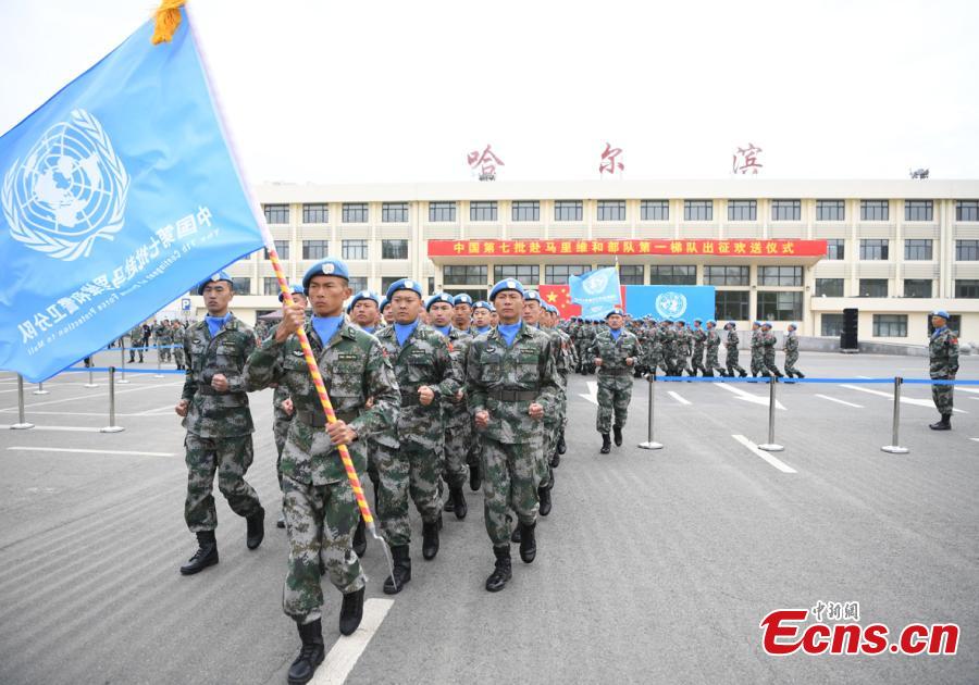 Chinese soldiers to work as peacekeepers in Mali prepare to board a military plane at Harbin Taiping International Airport in Harbin, Northeast China’s Heilongjiang Province, May 14, 2019. The soldiers will form the 7th Chinese peacekeeping force to Mali, dispatched for one year on a UN mission. (Photo: China News Service/Yang Zaixin)