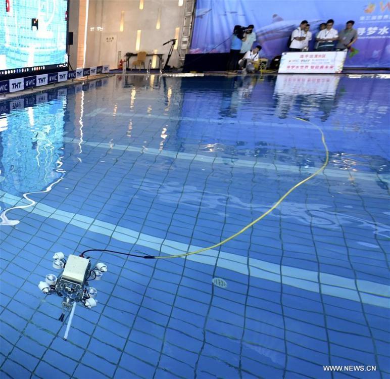 Contestants control an underwater robot during the World Intelligence Underwater Robots Challenge held in north China\'s Tianjin, May 15, 2019. The World Intelligence Underwater Robots Challenge opened here on Wednesday, attracting 13 teams from China, the United States, Japan and Australia. The competition, with the theme \