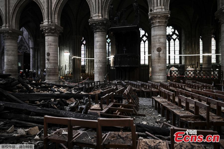 Damages and rubble are pictured inside the Notre Dame de Paris Cathedral, Wednesday May 15, 2019 in Paris. French Culture Minister Franck Riester says that one month after a fire engulfed Notre Dame Cathedral, the edifice is still being made safe enough for restoration to begin. (Photo/Agencies)