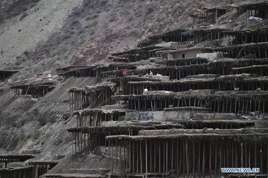 Villagers work in saline fields in Mangkam County, southwest China\'s Tibet Autonomous Region, May 22, 2019. An ancient technique of salt production since Tang Dynasty (618-907) is well-preserved in Mangkam County. Local people follow a salt harvesting method by collecting brines from salt mines and ponds and evaporating them in the sun until crystallization. (Xinhua/Li Xin)