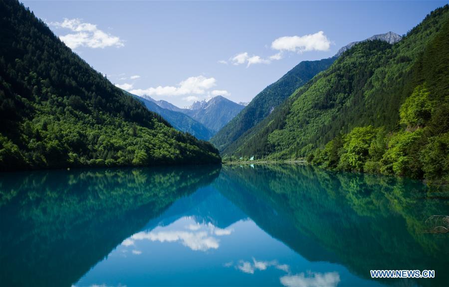 Photo shows a view of Lake Xiniuhai in the Jiuzhaigou National Park in southwest China\'s Sichuan Province, June 5, 2019. Due to damages caused by the magnitude-7.0 earthquake that hit here on Aug. 8, 2017, the park has been temporarily closed since July 2018 for renovation. (Xinhua/Meng Dingbo)