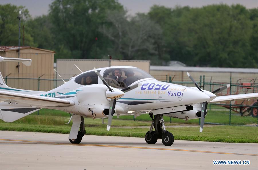 The Diamond DA42 aircraft which Zhang Bo drove for his flight around the world lands at an airport in Chicago, the United States, on June 9, 2019. After flying 68 days and making 50 stops, 57-year-old Bo Zhang completed his second around-the-world flight and landed in Chicago on Sunday morning. On April 2, Zhang kicked off the flight in the same airport in Chicago. In 68 days, he flied through 21 countries in three continents and over three oceans, with total mileage reaching 41,000 kilometers. (Xinhua/Wang Ping)