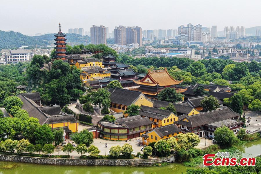 An aerial view of the Jinshan Park in Zhenjiang City, Jiangsu Province, June 11, 2019. The park is home to Jinshan Temple, a famous Buddhist temple built on a mountain to the south of the Yangtze River. (Photo: China News Service/Yang Bo)