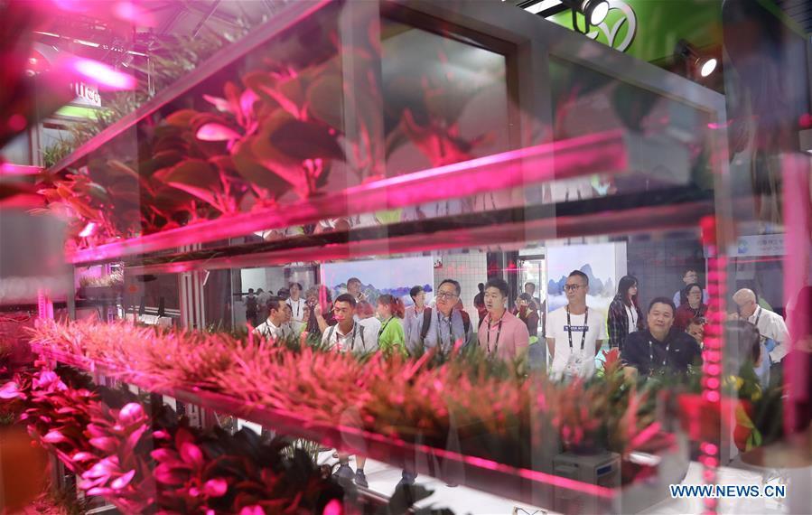 Visitors view a vegetable planting system during the 2019 Consumer Electronics Show (CES) Asia in east China\'s Shanghai, June 11, 2019. The 2019 Consumer Electronics Show (CES) Asia kicked off on Tuesday in Shanghai. The three-day exhibition showcased the latest achievements in 5G technology, artificial intelligence, augmented/virtual reality and vehicle technology. (Xinhua/Fang Zhe)