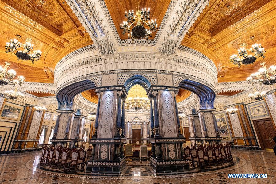 Photo taken on April 14, 2019 shows a conference hall in the Kohi Navruz (Navruz Palace) in Dushanbe, capital of Tajikistan. (Xinhua/Bai Xueqi)