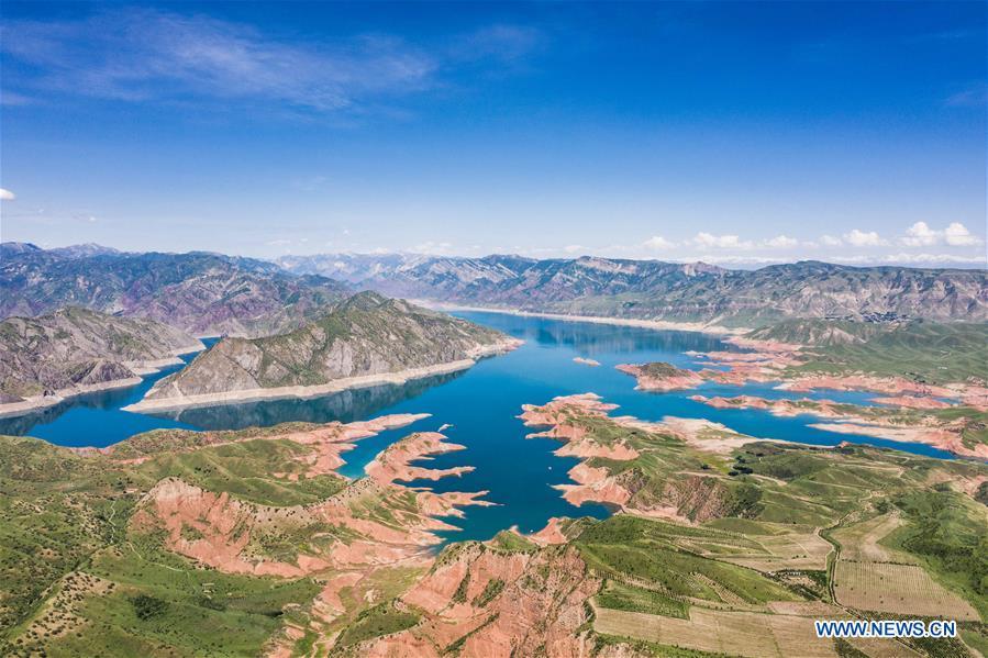 Aerial photo taken on May 21, 2019 shows the Nurek lake in Tajikistan. (Xinhua/Zhang Ruoxuan)