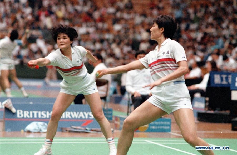 Lin Ying (L) and Guan Weizhen compete during a women\'s doubles match at the 5th World Badminton Championships in Beijing, capital of China, May 24, 1987. Chinese players won all five champions of this tournament. This year marks the 70th anniversary of the founding of the People\'s Republic of China (PRC). On April 5, 1959, Rong Guotuan won the champion of the men\'s singles event at the 25th ITTF World Table Tennis Championships in Dortmund, Germany, becoming China\'s first ever world champion. Chinese players have made more achievements during the 60 years since then. (Xinhua/Hu Yue)