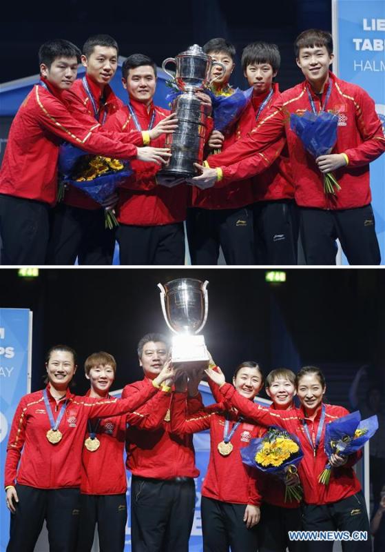 Combo picture shows the men\'s table tennis team of China posing with the trophy after winning the 2018 ITTF World Team Championships in Halmstad, Sweden, May 6, 2018 (top) and the women\'s table tennis team of China posing with the trophy after winning the 2018 ITTF World Team Championships in Halmstad, Sweden, May 5, 2018. This year marks the 70th anniversary of the founding of the People\'s Republic of China (PRC). On April 5, 1959, Rong Guotuan won the champion of the men\'s singles event at the 25th ITTF World Table Tennis Championships in Dortmund, Germany, becoming China\'s first ever world champion. Chinese players have made more achievements during the 60 years since then. (Xinhua/Ye Pingfan)