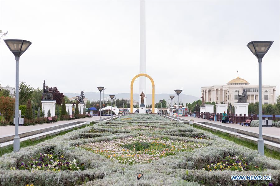 Photo taken on April 13, 2019 shows a parterre in downtown area of Dushanbe, capital of Tajikistan. (Xinhua/Bai Xueqi)