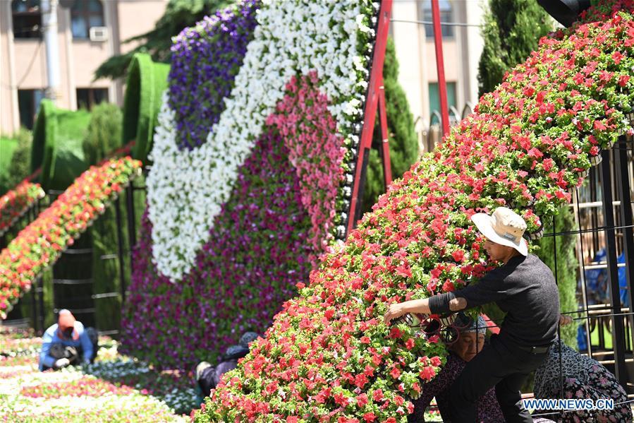 Staff members arrange flowers for a decorating parterre to greet the fifth summit of the Conference on Interaction and Confidence Building Measures in Asia (CICA) in Tajikistan\'s capital Dushanbe, June 13, 2019. (Xinhua/Sadat)