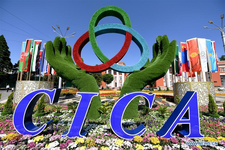 The logo of the fifth summit of the Conference on Interaction and Confidence Building Measures in Asia (CICA) is seen in Tajikistan\'s capital Dushanbe, June 13, 2019. (Xinhua/Sadat)