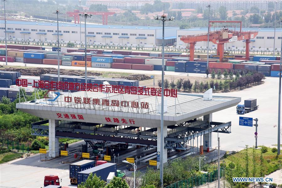 Photo taken on June 12, 2019 shows the Qingdao multimodal transportation center at a demonstration zone for China-SCO local economic and trade cooperation in Jiaozhou City, east China\'s Shandong Province. (Xinhua/Li Ziheng)