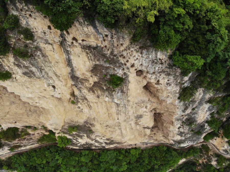 An aerial photo taken on June 11 shows the canal carved into cliffs in Gaoliu village, Southwest China\'s Guizhou Province. (Photo by Han Xianpu/For chinadaily.com.cn)
