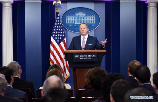 White House spokesman Sean Spicer speaks during his first official news briefing at the White House in Washington D.C., the United States, Jan. 23, 2017. (Xinhua/Yin Bogu) White House spokesman Sean Spicer speaks during his first official news briefing at the White House in Washington D.C., the United States, Jan. 23, 2017. (Xinhua/Yin Bogu)
