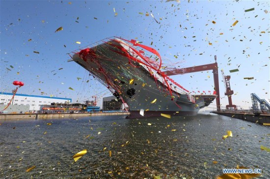 China's second aircraft carrier is transferred from dry dock into the water at a launch ceremony in Dalian shipyard of the China Shipbuilding Industry Corp. in Dalian, northeast China's Liaoning Province, April 26, 2017. (Photo: Xinhua/Li Gang) China's second aircraft carrier is transferred from dry dock into the water at a launch ceremony in Dalian shipyard of the China Shipbuilding Industry Corp. in Dalian, northeast China's Liaoning Province, April 26, 2017. (Photo: Xinhua/Li Gang)